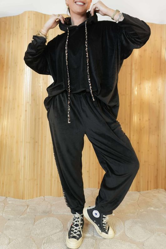 Binky Leopard Soft Stretch Velour Hoodie Lounge Suit Black /7 **